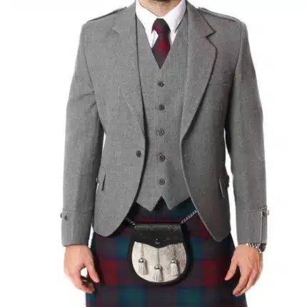 Grey Wool Argyle Kilt Jacket With Waistcoat