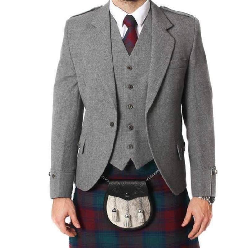 Grey Wool Argyle Kilt Jacket With Waistcoat