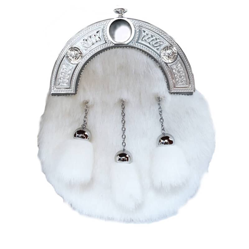 White Rabbit Fur Dress Sporran with Celtic Knot Cantle
