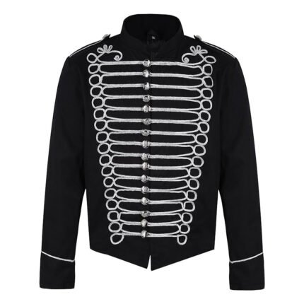 Black Napoleon Military Drummer Parade Jacket With Silver Laces
