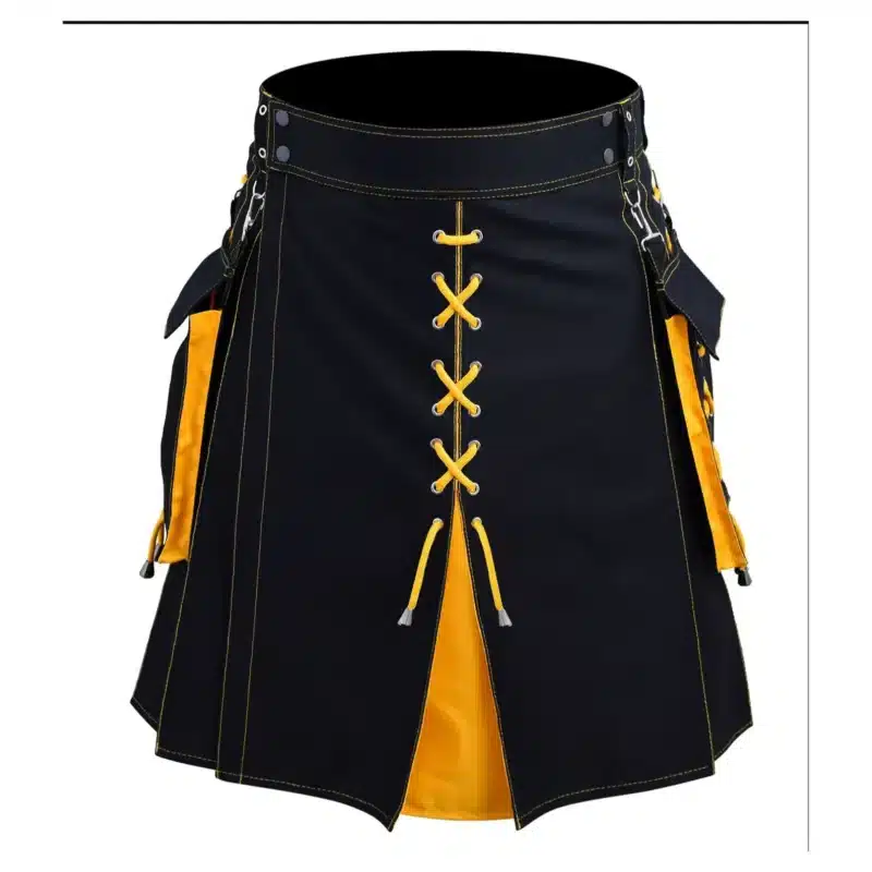 Handmade Scottish Black Hybrid Kilt With Laces