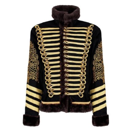 Men's Black and Gold Hussar Steampunk Parade Jacket Faux Fur