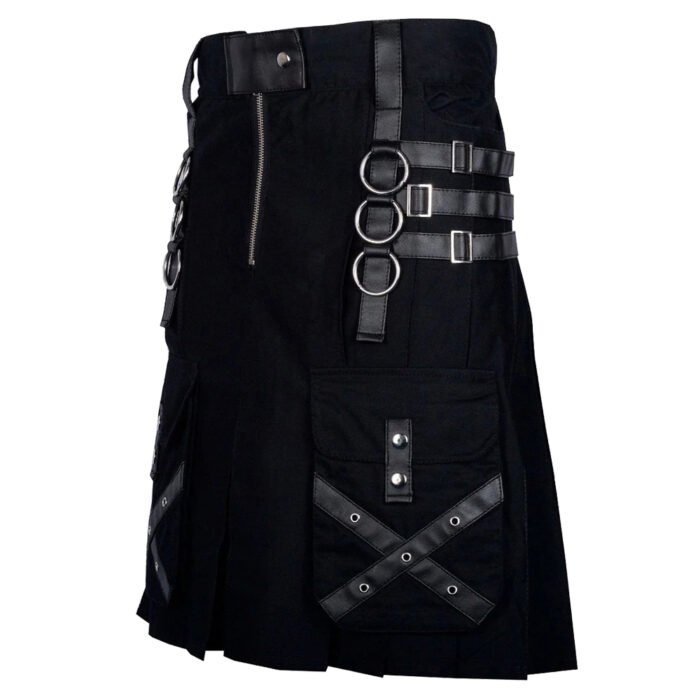 Modern Utility Black Gothic Kilt Cargo With Pockets Side