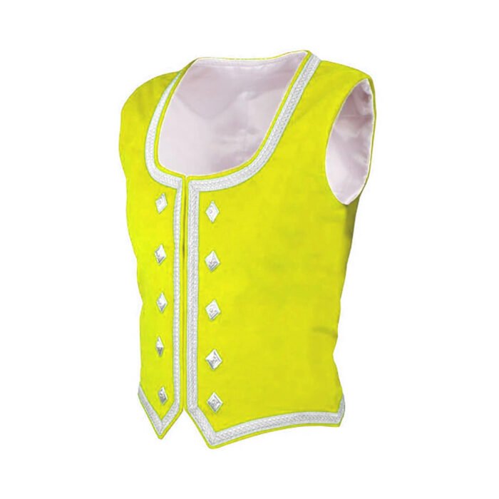 Yellow Velvet Highland Dancing Vest With Silver Trim Side