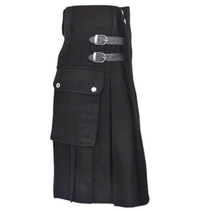 Plain Black Tartan Utility Kilt Side