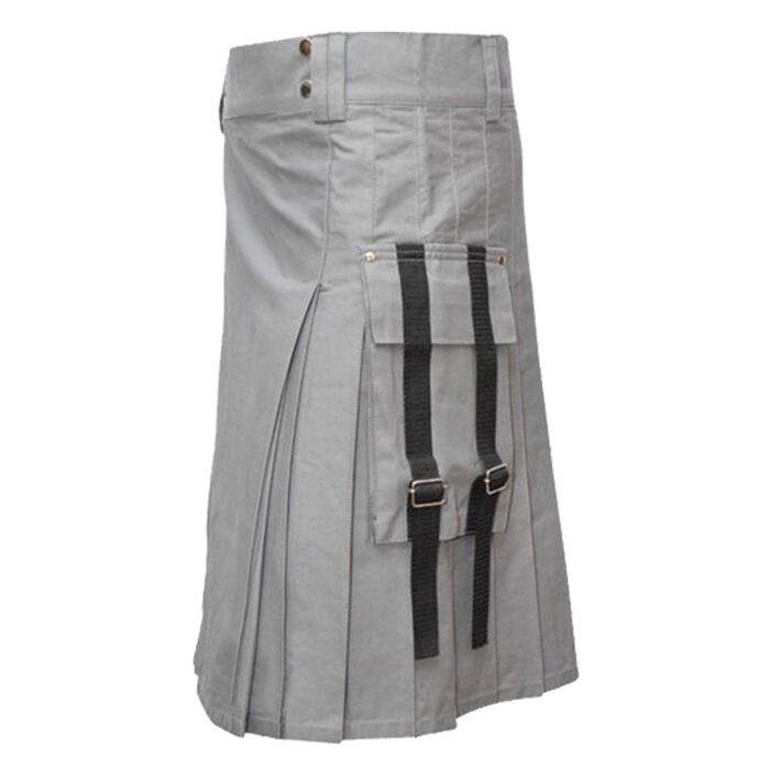 Grey Handmade Utility Kilt With Straps Left