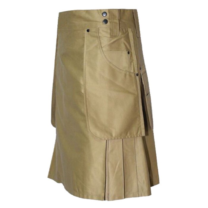 Khaki Utility Kilt With Cargo Pockets Side