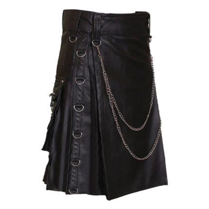 Men Black Gothic Fashion Leather Kilt Side