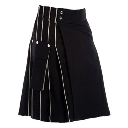 Scottish Black Utility Kilt With Trimming Side