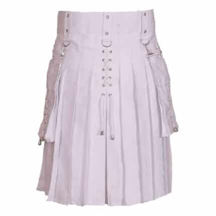 White Utility Kilt With Detachable Pockets Back