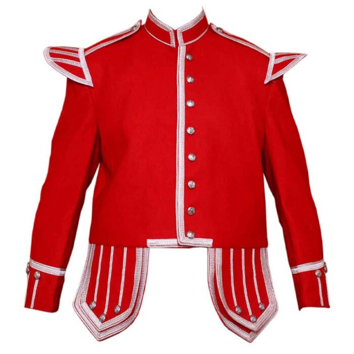 Pipe Band Doublet Red Blazer Wool Jacket Silver Braid And Trim