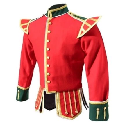 Pipe Band Doublet Red Doublet Blazer Wool Gold Braid And Green Collar Cuffs