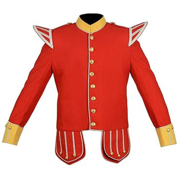 Red Doublet Jacket With White Trimming And Gold Collar